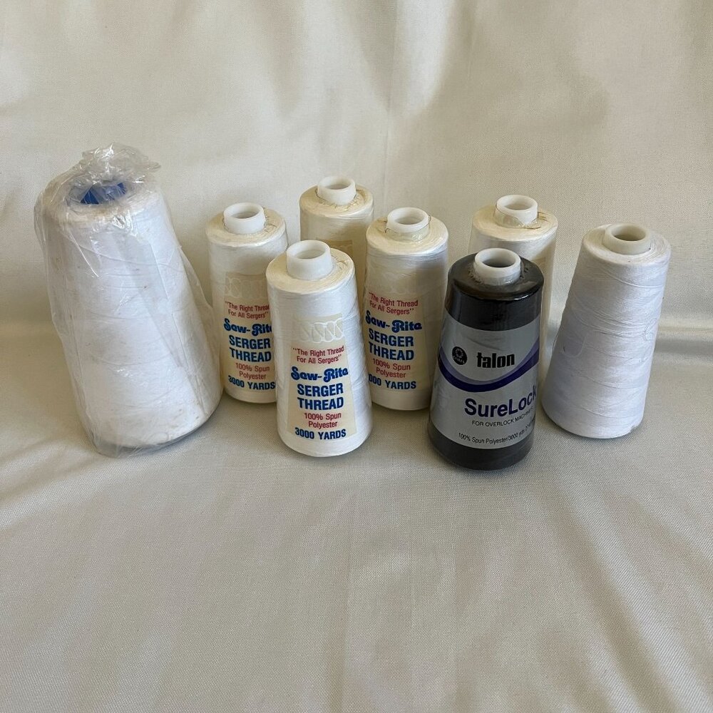 7 Spools Of Serger Thread 100% Spun Polyester 3000 Yards Each New White & Black
